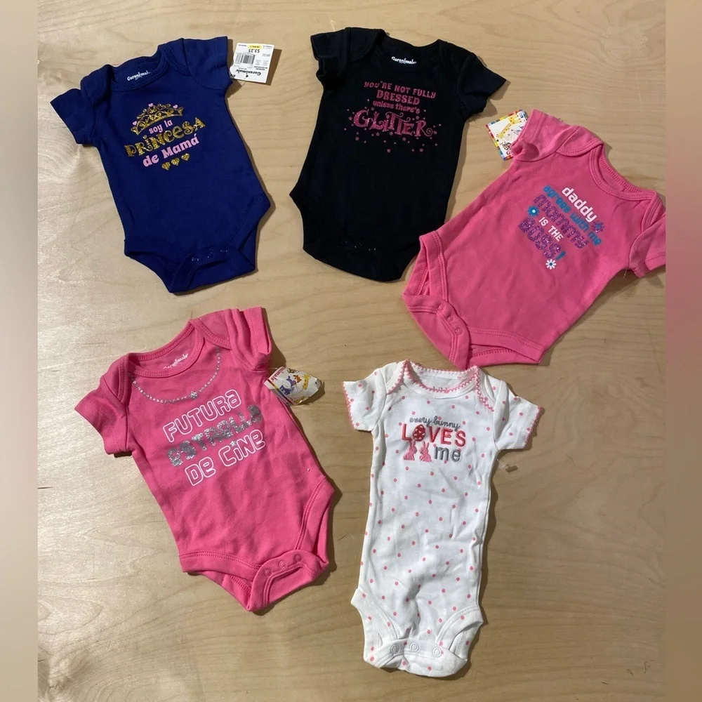 5 Garanimals Baby Bodysuits - Navy, Black, Pink, White Newborn (OQ)
